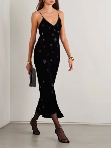 La Ligne Embellished Silk-satin Trimmed Velvet Midi Dress | Thumbnail 2 La Ligne Embellished Silk-satin Trimmed Velvet Midi Dress | Thumbnail 2