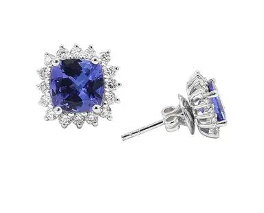 Wish Fine Jewelry 3.48cts Diamond Tanzanite 18K Gold Cushion Stud Earrings | Thumbnail 1 Wish Fine Jewelry 3.48cts Diamond Tanzanite 18K Gold Cushion Stud Earrings | Thumbnail 1
