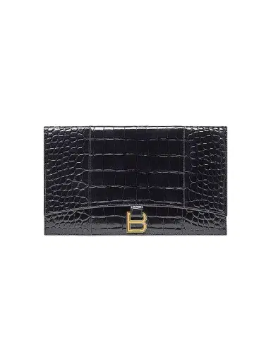 Balenciaga Women's Hourglass Flat Pouch with Flap Crocodile Embossed - Black | Thumbnail 1 Balenciaga Women's Hourglass Flat Pouch with Flap Crocodile Embossed - Black | Thumbnail 1