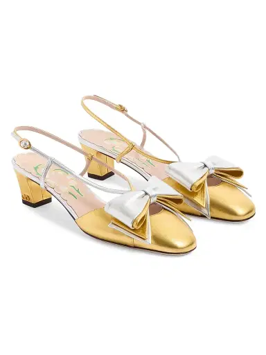 Valentino Garavani Women's Bowow Laminated Nappa 45MM Slingback Pumps - Gold Silver | Thumbnail 2 Valentino Garavani Women's Bowow Laminated Nappa 45MM Slingback Pumps - Gold Silver | Thumbnail 2