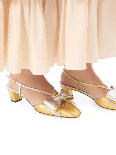Valentino Garavani Women's Bowow Laminated Nappa 45MM Slingback Pumps - Gold Silver | Thumbnail 8 Valentino Garavani Women's Bowow Laminated Nappa 45MM Slingback Pumps - Gold Silver | Thumbnail 8
