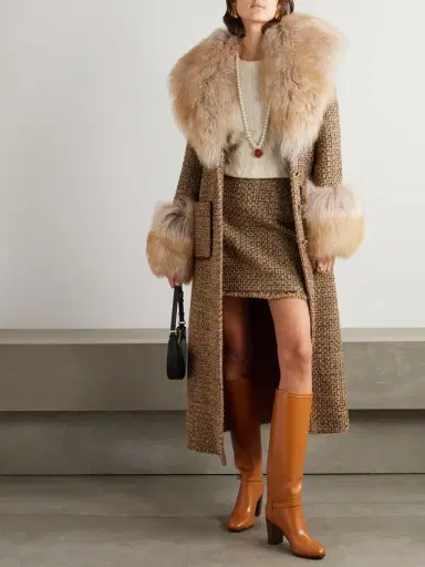 Valentino Garavani Faux Fur-trimmed Belted Wool-blend Tweed Coat | Thumbnail 2 Valentino Garavani Faux Fur-trimmed Belted Wool-blend Tweed Coat | Thumbnail 2