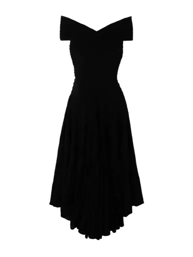 Alaïa Off-the-shoulder Asymmetric Ribbed Wool Midi Dress | Thumbnail 1 Alaïa Off-the-shoulder Asymmetric Ribbed Wool Midi Dress | Thumbnail 1