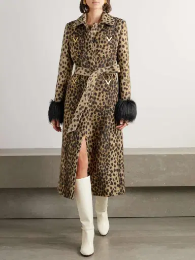 Valentino Garavani Belted Faux Fur-trimmed Embellished Cheetah-print Wool Coat | Thumbnail 2 Valentino Garavani Belted Faux Fur-trimmed Embellished Cheetah-print Wool Coat | Thumbnail 2