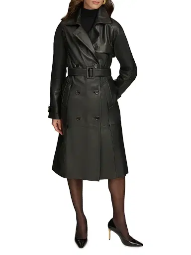 Donna Karan New York Women's Leather Belted Double-Breasted Trench Coat - Black | Thumbnail 2 Donna Karan New York Women's Leather Belted Double-Breasted Trench Coat - Black | Thumbnail 2