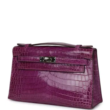 HERMÈS Pre-owned Hermes Kelly Pochette Violet Shiny Niloticus Crocodile Palladium Hardware | Thumbnail 3 HERMÈS Pre-owned Hermes Kelly Pochette Violet Shiny Niloticus Crocodile Palladium Hardware | Thumbnail 3