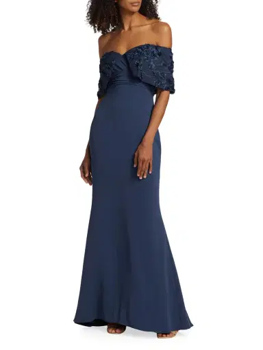 Badgley Mischka Women's Textured Off-The-Shoulder Gown - Navy | Thumbnail 2 Badgley Mischka Women's Textured Off-The-Shoulder Gown - Navy | Thumbnail 2