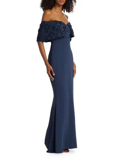 Badgley Mischka Women's Textured Off-The-Shoulder Gown - Navy | Thumbnail 3 Badgley Mischka Women's Textured Off-The-Shoulder Gown - Navy | Thumbnail 3