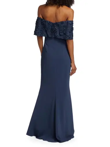 Badgley Mischka Women's Textured Off-The-Shoulder Gown - Navy | Thumbnail 4 Badgley Mischka Women's Textured Off-The-Shoulder Gown - Navy | Thumbnail 4