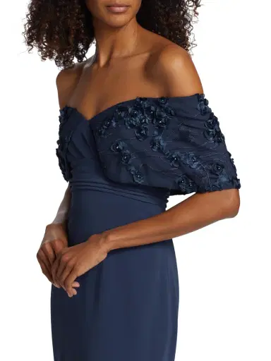 Badgley Mischka Women's Textured Off-The-Shoulder Gown - Navy | Thumbnail 5 Badgley Mischka Women's Textured Off-The-Shoulder Gown - Navy | Thumbnail 5