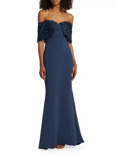 Badgley Mischka Women's Textured Off-The-Shoulder Gown - Navy | Thumbnail 1 Badgley Mischka Women's Textured Off-The-Shoulder Gown - Navy | Thumbnail 1