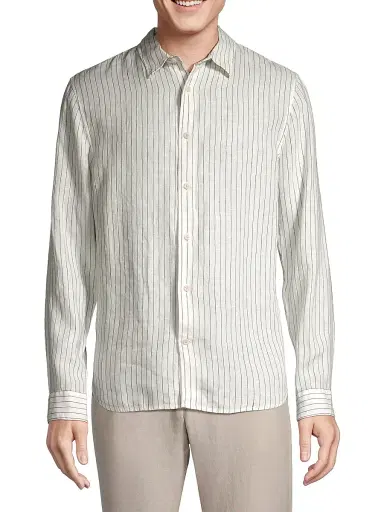 Vince Men's Bayside Striped Linen Button-Front Shirt - Optic White Deep Indigo | Thumbnail 3 Vince Men's Bayside Striped Linen Button-Front Shirt - Optic White Deep Indigo | Thumbnail 3
