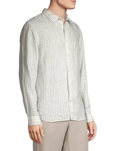 Vince Men's Bayside Striped Linen Button-Front Shirt - Optic White Deep Indigo | Thumbnail 4 Vince Men's Bayside Striped Linen Button-Front Shirt - Optic White Deep Indigo | Thumbnail 4