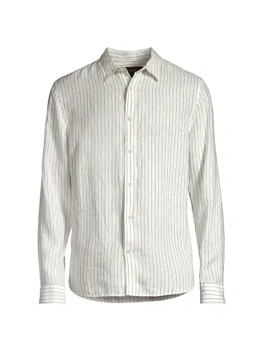 Vince Men's Bayside Striped Linen Button-Front Shirt - Optic White Deep Indigo | Thumbnail 1 Vince Men's Bayside Striped Linen Button-Front Shirt - Optic White Deep Indigo | Thumbnail 1