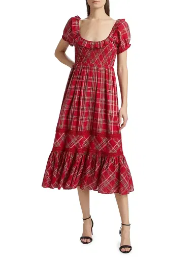 LoveShackFancy Women's London Tartan Gerania Midi-Dress - Cheery Red | Thumbnail 2 LoveShackFancy Women's London Tartan Gerania Midi-Dress - Cheery Red | Thumbnail 2