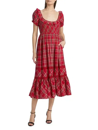 LoveShackFancy Women's London Tartan Gerania Midi-Dress - Cheery Red | Thumbnail 3 LoveShackFancy Women's London Tartan Gerania Midi-Dress - Cheery Red | Thumbnail 3