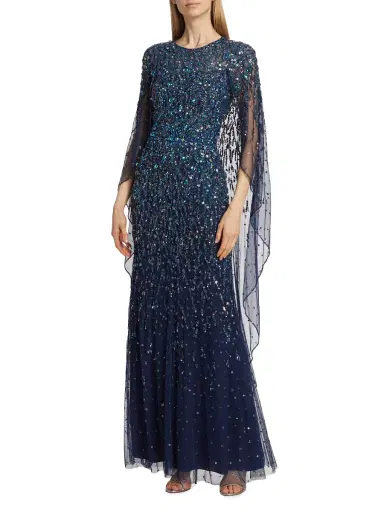 Jenny Packham Women's Delphine Tulle Cape-Sleeve Beaded Gown - Squid Ink | Thumbnail 2 Jenny Packham Women's Delphine Tulle Cape-Sleeve Beaded Gown - Squid Ink | Thumbnail 2
