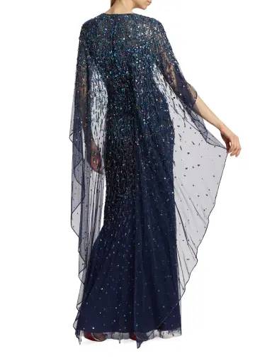Jenny Packham Women's Delphine Tulle Cape-Sleeve Beaded Gown - Squid Ink | Thumbnail 4 Jenny Packham Women's Delphine Tulle Cape-Sleeve Beaded Gown - Squid Ink | Thumbnail 4