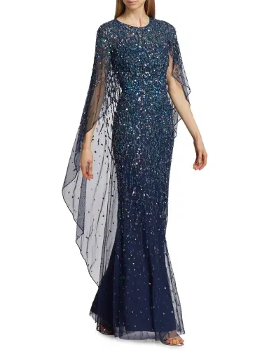 Jenny Packham Women's Delphine Tulle Cape-Sleeve Beaded Gown - Squid Ink | Thumbnail 1 Jenny Packham Women's Delphine Tulle Cape-Sleeve Beaded Gown - Squid Ink | Thumbnail 1
