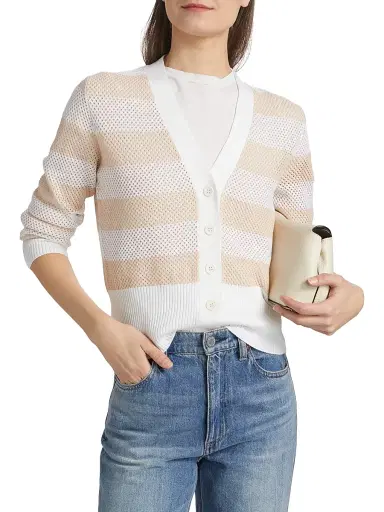 Fabiana Filippi Women's Striped Wool-Cotton Mesh Cardigan - Rafia Cipria | Thumbnail 3 Fabiana Filippi Women's Striped Wool-Cotton Mesh Cardigan - Rafia Cipria | Thumbnail 3
