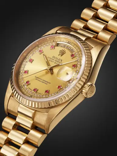 Windsor Pre-Owned 1990 Rolex Oyster Perpetual Day-Date Automatic 36mm 18-Karat Gold, Diamond and Ruby Watch, Ref. No. 18238 - Men | Thumbnail 3 Windsor Pre-Owned 1990 Rolex Oyster Perpetual Day-Date Automatic 36mm 18-Karat Gold, Diamond and Ruby Watch, Ref. No. 18238 - Men | Thumbnail 3