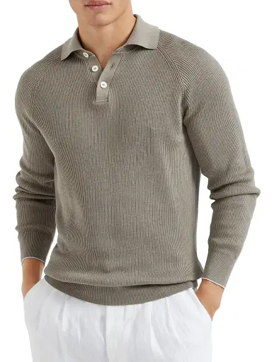 Brunello Cucinelli Men's Cotton English Rib Knit Polo Shirt with Long Raglan Sleeves - Khaki | Thumbnail 2 Brunello Cucinelli Men's Cotton English Rib Knit Polo Shirt with Long Raglan Sleeves - Khaki | Thumbnail 2