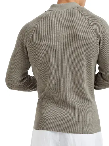 Brunello Cucinelli Men's Cotton English Rib Knit Polo Shirt with Long Raglan Sleeves - Khaki | Thumbnail 3 Brunello Cucinelli Men's Cotton English Rib Knit Polo Shirt with Long Raglan Sleeves - Khaki | Thumbnail 3