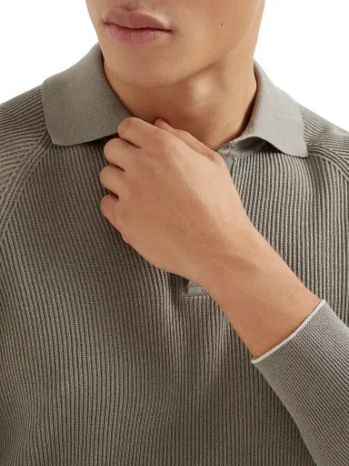 Brunello Cucinelli Men's Cotton English Rib Knit Polo Shirt with Long Raglan Sleeves - Khaki | Thumbnail 4 Brunello Cucinelli Men's Cotton English Rib Knit Polo Shirt with Long Raglan Sleeves - Khaki | Thumbnail 4