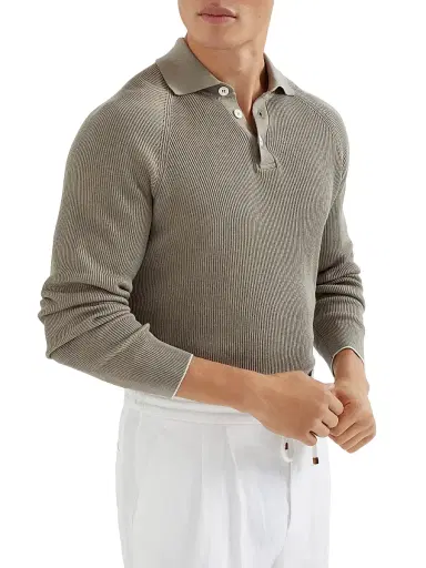 Brunello Cucinelli Men's Cotton English Rib Knit Polo Shirt with Long Raglan Sleeves - Khaki | Thumbnail 5 Brunello Cucinelli Men's Cotton English Rib Knit Polo Shirt with Long Raglan Sleeves - Khaki | Thumbnail 5