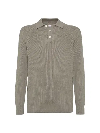 Brunello Cucinelli Men's Cotton English Rib Knit Polo Shirt with Long Raglan Sleeves - Khaki | Thumbnail 1 Brunello Cucinelli Men's Cotton English Rib Knit Polo Shirt with Long Raglan Sleeves - Khaki | Thumbnail 1
