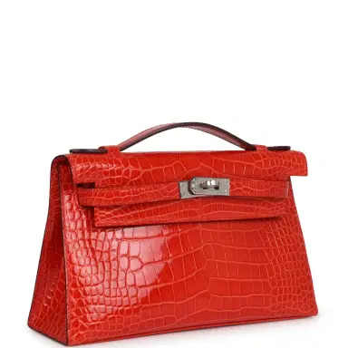 HERMÈS Hermes Kelly Pochette Orange Poppy Shiny Alligator Mississippiensis Palladium Hardware | Thumbnail 2 HERMÈS Hermes Kelly Pochette Orange Poppy Shiny Alligator Mississippiensis Palladium Hardware | Thumbnail 2
