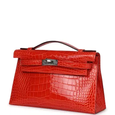HERMÈS Hermes Kelly Pochette Orange Poppy Shiny Alligator Mississippiensis Palladium Hardware | Thumbnail 3 HERMÈS Hermes Kelly Pochette Orange Poppy Shiny Alligator Mississippiensis Palladium Hardware | Thumbnail 3