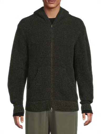 The Elder Statesman Men's Rib-Knit Cashmere Zip Hoodie - Black New Olive | Thumbnail 3 The Elder Statesman Men's Rib-Knit Cashmere Zip Hoodie - Black New Olive | Thumbnail 3