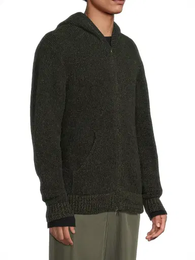 The Elder Statesman Men's Rib-Knit Cashmere Zip Hoodie - Black New Olive | Thumbnail 4 The Elder Statesman Men's Rib-Knit Cashmere Zip Hoodie - Black New Olive | Thumbnail 4