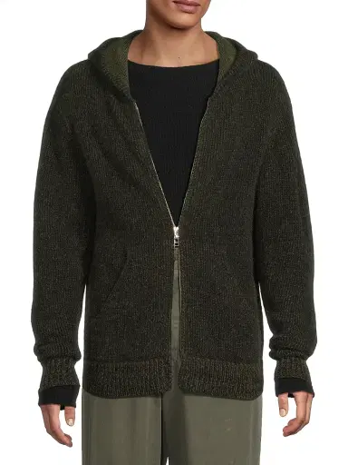 The Elder Statesman Men's Rib-Knit Cashmere Zip Hoodie - Black New Olive | Thumbnail 6 The Elder Statesman Men's Rib-Knit Cashmere Zip Hoodie - Black New Olive | Thumbnail 6