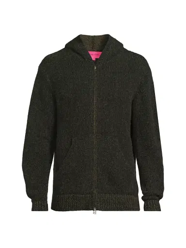The Elder Statesman Men's Rib-Knit Cashmere Zip Hoodie - Black New Olive | Thumbnail 1 The Elder Statesman Men's Rib-Knit Cashmere Zip Hoodie - Black New Olive | Thumbnail 1