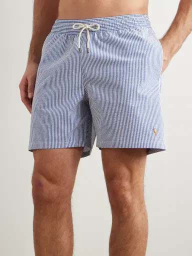 Polo Ralph Lauren Traveler Straight-Leg Mid-Length Striped Cotton-Blend Seersucker Swim Shorts - Men | Thumbnail 2 Polo Ralph Lauren Traveler Straight-Leg Mid-Length Striped Cotton-Blend Seersucker Swim Shorts - Men | Thumbnail 2
