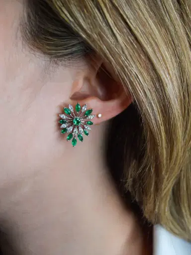 Wish Fine Jewelry 1.75ct Diamond Emerald 18K Gold Flower Earrings | Thumbnail 2 Wish Fine Jewelry 1.75ct Diamond Emerald 18K Gold Flower Earrings | Thumbnail 2