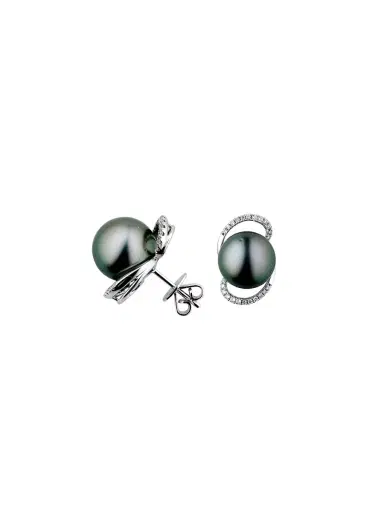 Wish Fine Jewelry 11.5mm Tahitian Cultured Pearl 0.30ct Diamond 18K Gold Swirl Earrings | Thumbnail 1 Wish Fine Jewelry 11.5mm Tahitian Cultured Pearl 0.30ct Diamond 18K Gold Swirl Earrings | Thumbnail 1
