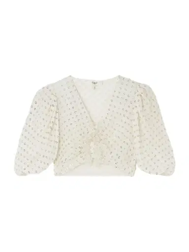 Chloé Cropped Ruffled Gathered Metallic Polka-dot Silk-blend Top | Thumbnail 1 Chloé Cropped Ruffled Gathered Metallic Polka-dot Silk-blend Top | Thumbnail 1
