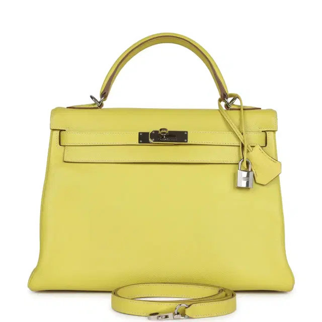 Pre-owned Hermes Kelly Retourne 32 Lime Candy Epsom Palladium Hardware Pre-owned Hermes Kelly Retourne 32 Lime Candy Epsom Palladium Hardware