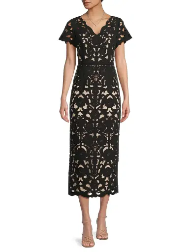 Shani Women's Floral Crepe Laser-Cut Midi-Dress - Black Beige | Thumbnail 2 Shani Women's Floral Crepe Laser-Cut Midi-Dress - Black Beige | Thumbnail 2