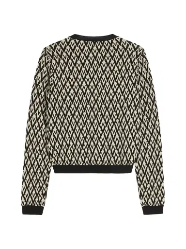Valentino Garavani Women's Wool Cardigan with Toute La V Jacquard Pattern - Cream Black | Thumbnail 2 Valentino Garavani Women's Wool Cardigan with Toute La V Jacquard Pattern - Cream Black | Thumbnail 2