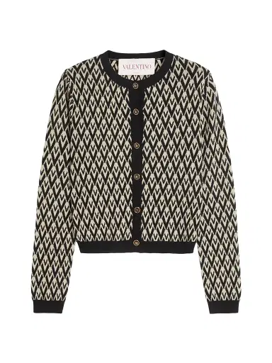 Valentino Garavani Women's Wool Cardigan with Toute La V Jacquard Pattern - Cream Black | Thumbnail 1 Valentino Garavani Women's Wool Cardigan with Toute La V Jacquard Pattern - Cream Black | Thumbnail 1