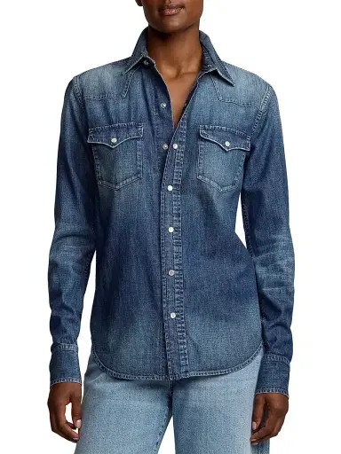 Ralph Lauren Collection Women's Denim Snap-Front Long-Sleeve Top - Blue Ridge Breeze Wash - Size 8 | Thumbnail 3 Ralph Lauren Collection Women's Denim Snap-Front Long-Sleeve Top - Blue Ridge Breeze Wash - Size 8 | Thumbnail 3