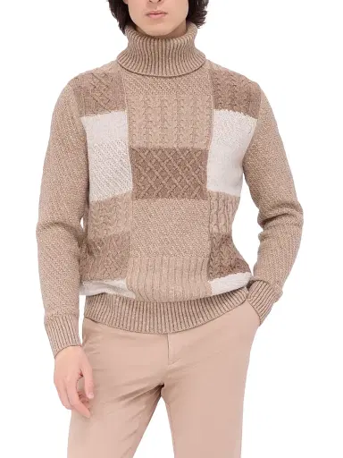 Bugatchi Men's Wool-Cotton Patchwork Turtleneck Sweater - Stone | Thumbnail 3 Bugatchi Men's Wool-Cotton Patchwork Turtleneck Sweater - Stone | Thumbnail 3