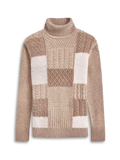 Bugatchi Men's Wool-Cotton Patchwork Turtleneck Sweater - Stone | Thumbnail 1 Bugatchi Men's Wool-Cotton Patchwork Turtleneck Sweater - Stone | Thumbnail 1