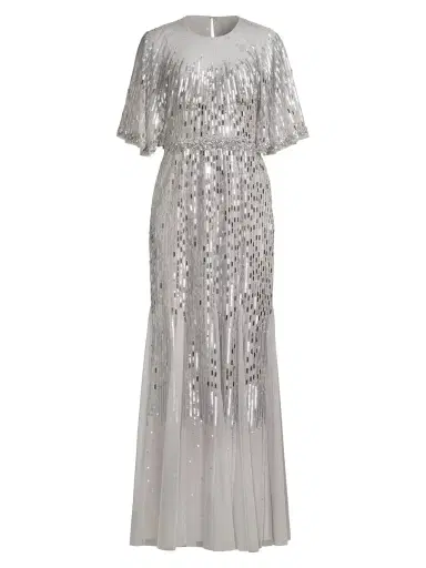Aidan Mattox Women's Beaded Caped Gown - Silver | Thumbnail 6 Aidan Mattox Women's Beaded Caped Gown - Silver | Thumbnail 6
