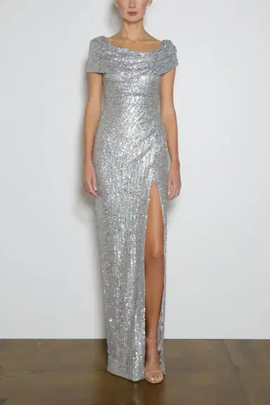 PAMELLA ROLAND Sequin Drape Shoulder Gown | Thumbnail 1 PAMELLA ROLAND Sequin Drape Shoulder Gown | Thumbnail 1