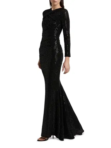 Talbot Runhof Women's Foil Jersey Long-Sleeve Gown - Black | Thumbnail 2 Talbot Runhof Women's Foil Jersey Long-Sleeve Gown - Black | Thumbnail 2